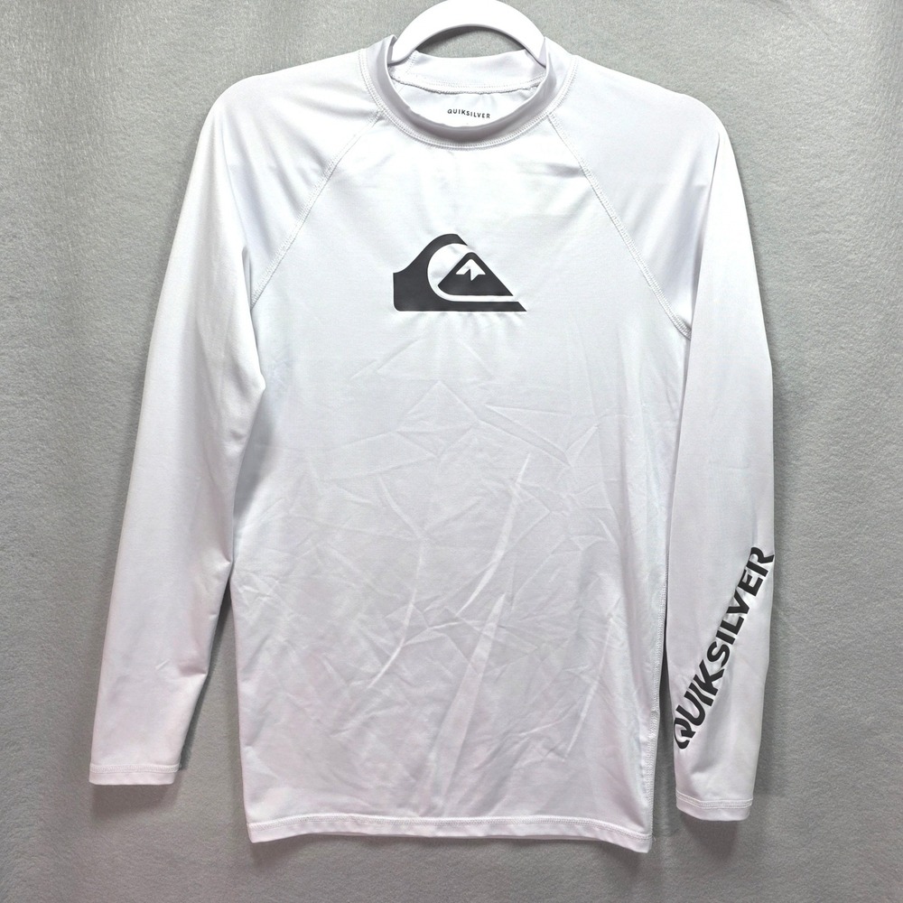 Quiksilver Rash Guard Swim Shirt White Long Sleeve Logo Youth Sz M Retro Coastal